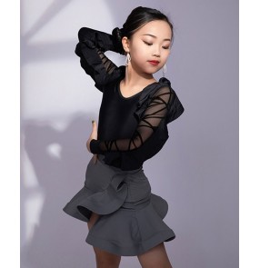 Girls kids children black with grey latin dance dresses modern dance salsa chacha rumba dance skirts for girls